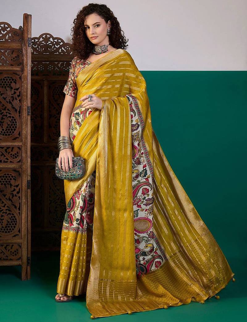 Mustard ethnic printed festive wear tussar saree with unstitched blouse piece