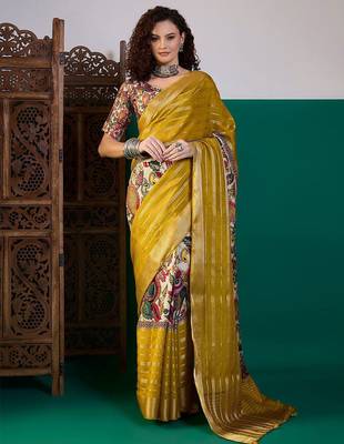 Mustard ethnic printed festive wear tussar saree with unstitched blouse piece 2