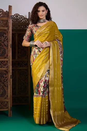 Mustard ethnic printed festive wear tussar saree with unstitched blouse piece