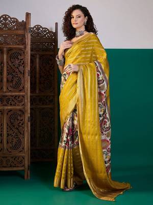 Mustard ethnic printed festive wear tussar saree with unstitched blouse piece 3