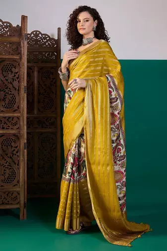 Mustard ethnic printed festive wear tussar saree with unstitched blouse piece