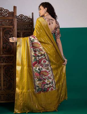 Mustard ethnic printed festive wear tussar saree with unstitched blouse piece 4