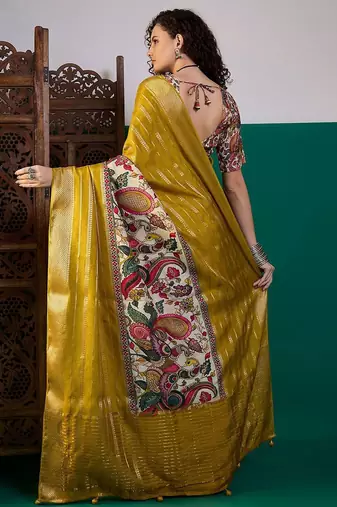 Mustard ethnic printed festive wear tussar saree with unstitched blouse piece