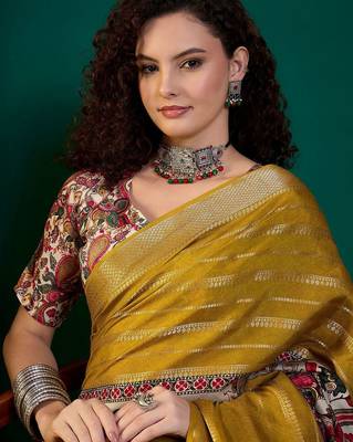 Mustard ethnic printed festive wear tussar saree with unstitched blouse piece 5
