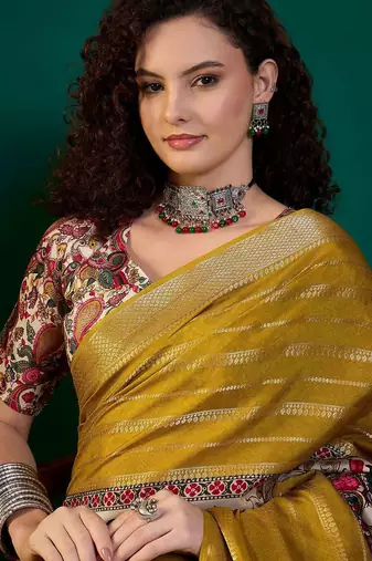 Mustard ethnic printed festive wear tussar saree with unstitched blouse piece