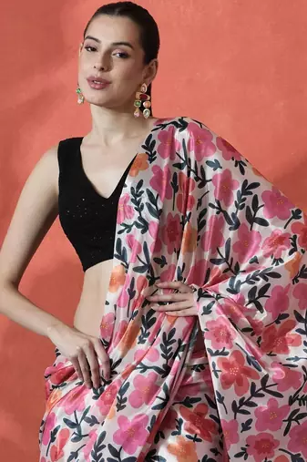 White ready to wear satin floral digital printed saree