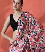 White ready to wear satin floral digital printed saree