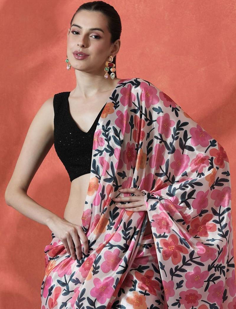 White ready to wear satin floral digital printed saree