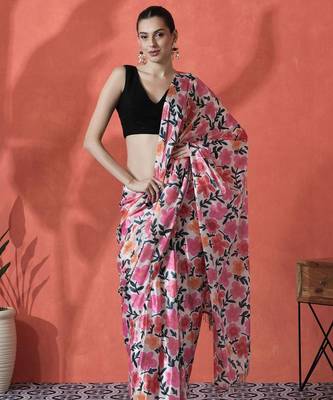White ready to wear satin floral digital printed saree 2