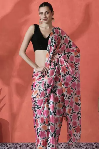 White ready to wear satin floral digital printed saree