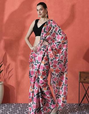 White ready to wear satin floral digital printed saree 3
