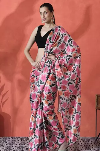 White ready to wear satin floral digital printed saree