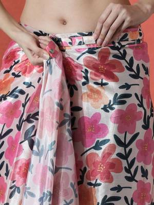 White ready to wear satin floral digital printed saree 5