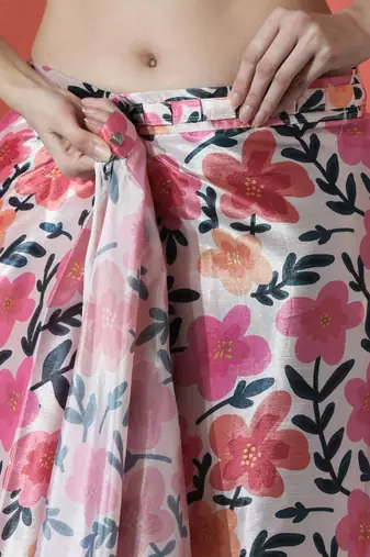 White ready to wear satin floral digital printed saree