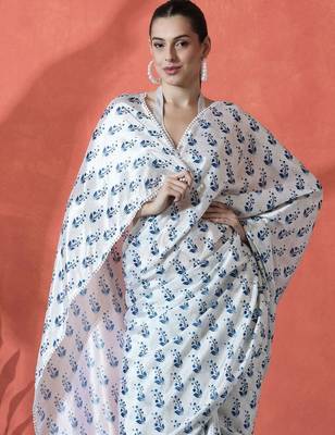 White ready to wear satin floral digital printed saree 1
