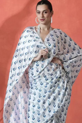 White ready to wear satin floral digital printed saree