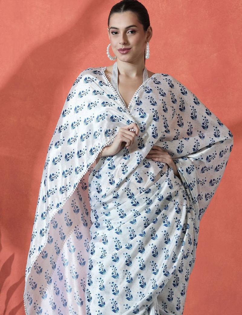 White ready to wear satin floral digital printed saree