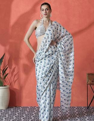 White ready to wear satin floral digital printed saree 2