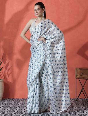 White ready to wear satin floral digital printed saree 3
