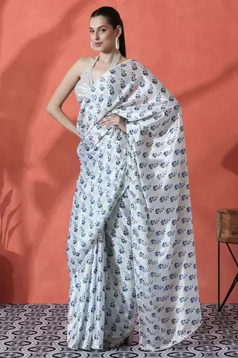 White ready to wear satin floral digital printed saree