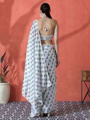 White ready to wear satin floral digital printed saree 4