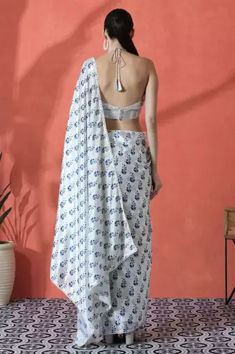 White ready to wear satin floral digital printed saree