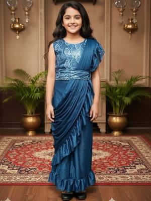 Turquoise girls ready to wear sarees 1