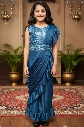 Turquoise girls ready to wear sarees