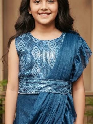 Turquoise girls ready to wear sarees 2