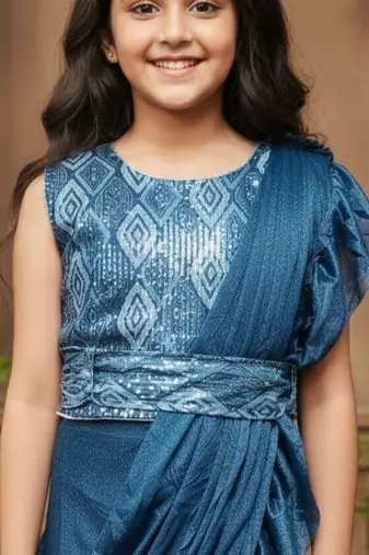 Turquoise girls ready to wear sarees