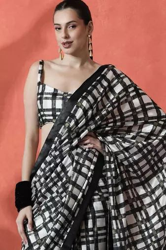 Black ready to wear satin checked digital printed saree