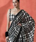 Black ready to wear satin checked digital printed saree