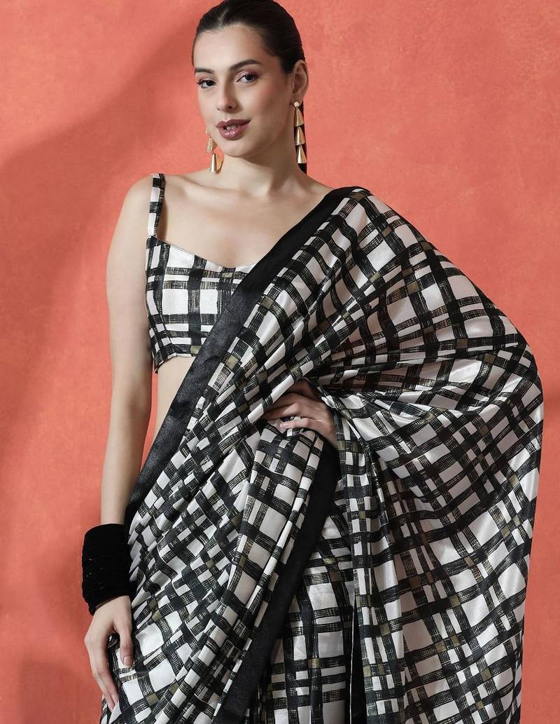 Black ready to wear satin checked digital printed saree