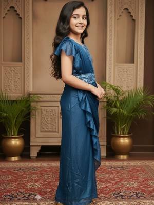 Turquoise girls ready to wear sarees 4