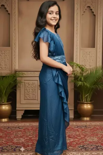 Turquoise girls ready to wear sarees