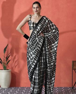 Black ready to wear satin checked digital printed saree 2