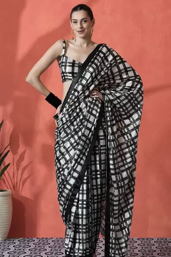 Black ready to wear satin checked digital printed saree
