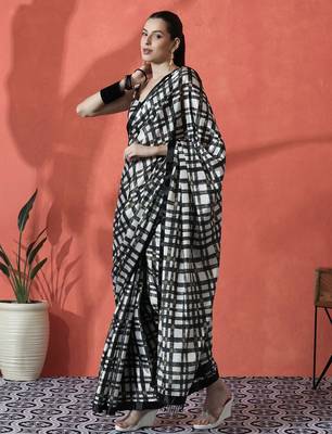 Black ready to wear satin checked digital printed saree 3