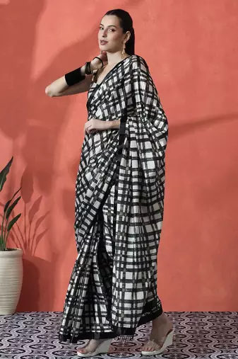 Black ready to wear satin checked digital printed saree