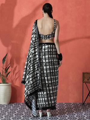 Black ready to wear satin checked digital printed saree 4