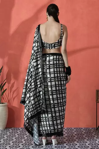Black ready to wear satin checked digital printed saree