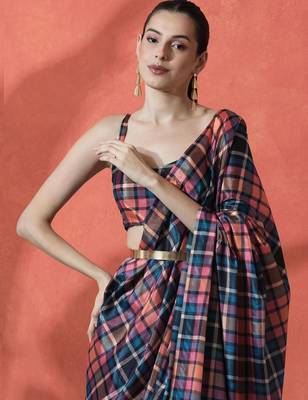 Pink ready to wear satin checked digital printed saree 1