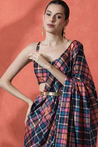 Pink ready to wear satin checked digital printed saree