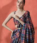 Pink ready to wear satin checked digital printed saree