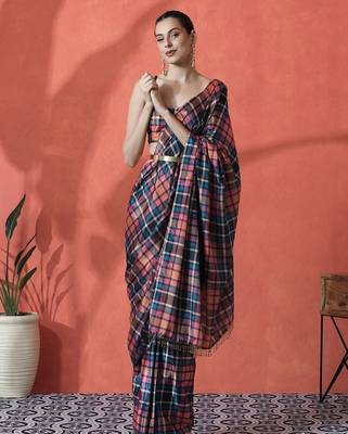 Pink ready to wear satin checked digital printed saree 2
