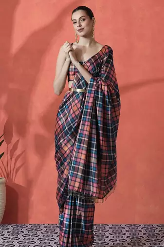 Pink ready to wear satin checked digital printed saree