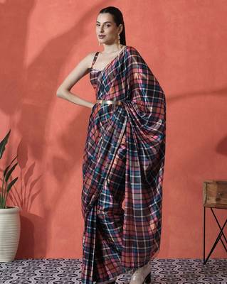 Pink ready to wear satin checked digital printed saree 3
