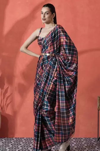 Pink ready to wear satin checked digital printed saree