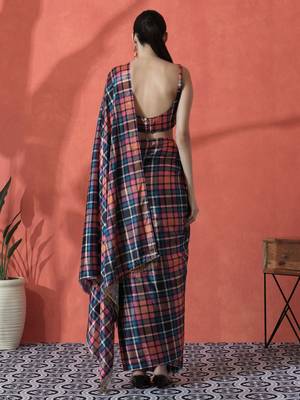 Pink ready to wear satin checked digital printed saree 4