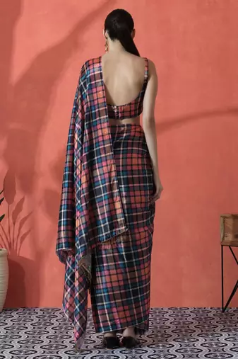 Pink ready to wear satin checked digital printed saree